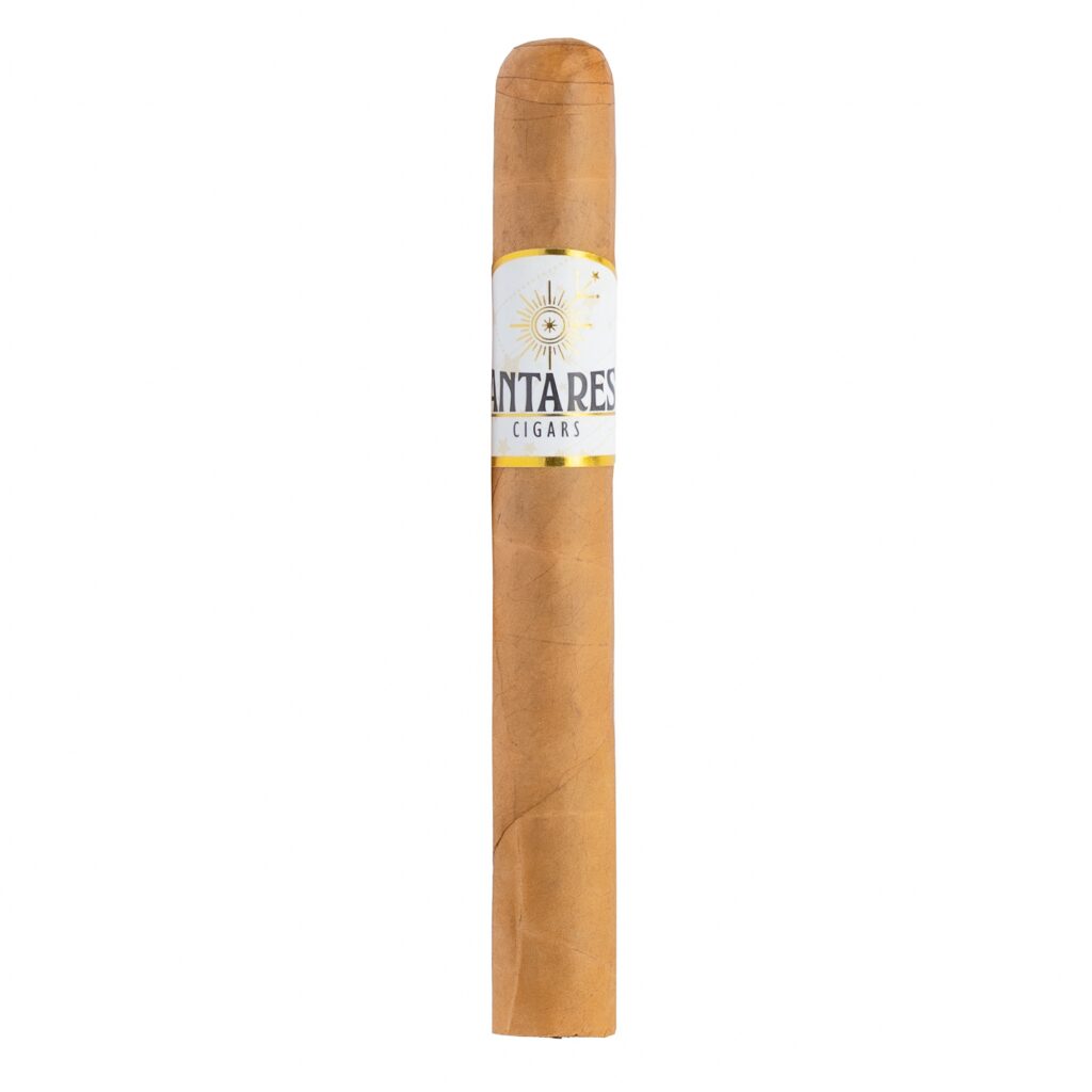 Single brown cigar with a white and gold label featuring a sun motif and the word 'CIGARS' visible at the band."