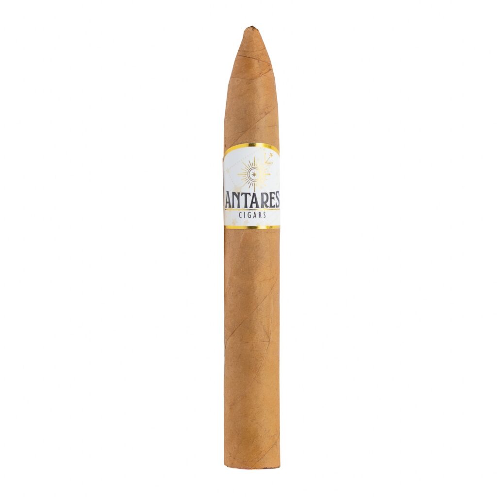 Cigar standing upright with a white and gold band reading ‘ANTARES CIGARS’ against a white background.