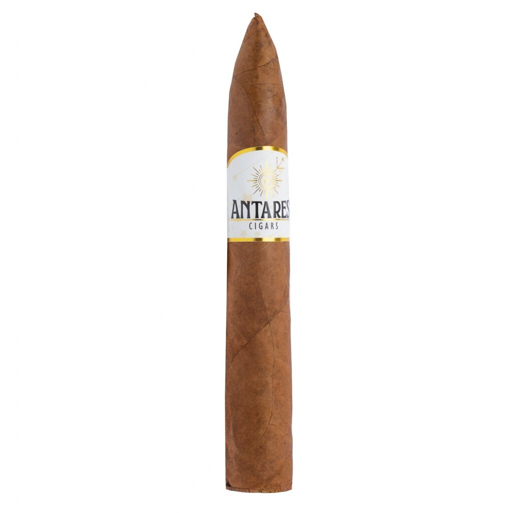 Cigar with a white label reading ANTARES CIGARS around the middle, standing upright on a white background.