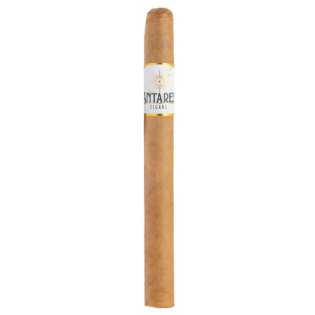 Single cigar standing upright with a white and gold band and sun emblem against a white background, close-up view in the center